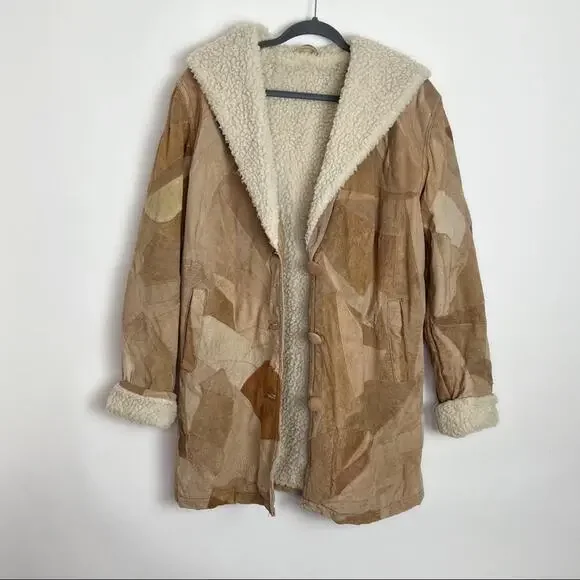 Retro Patchwork Leather Jacket Faux Sherpa Lined Medium - Picture 3 of 14